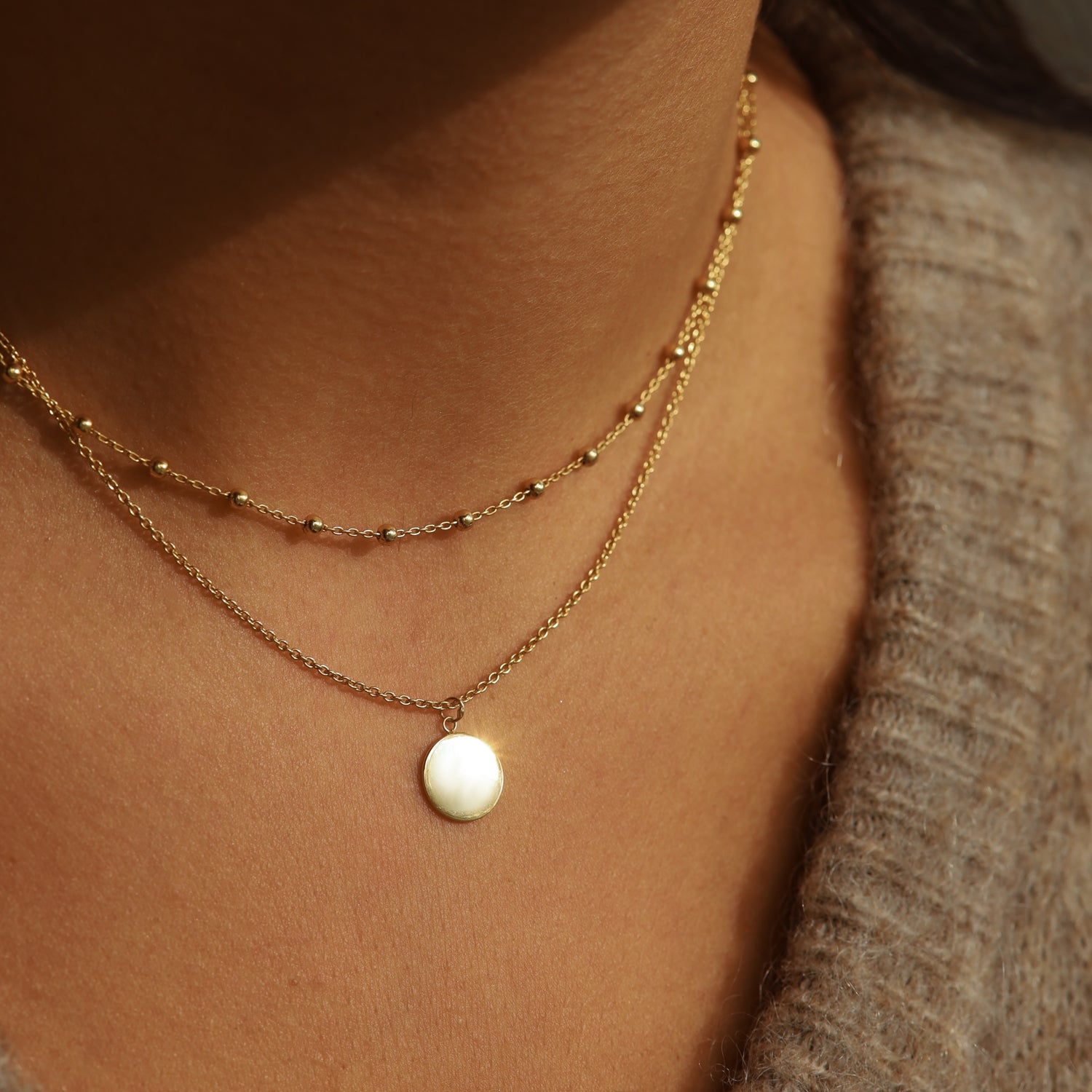 Karma 925 Sterling Silver Dots Disc Double Necklace T82