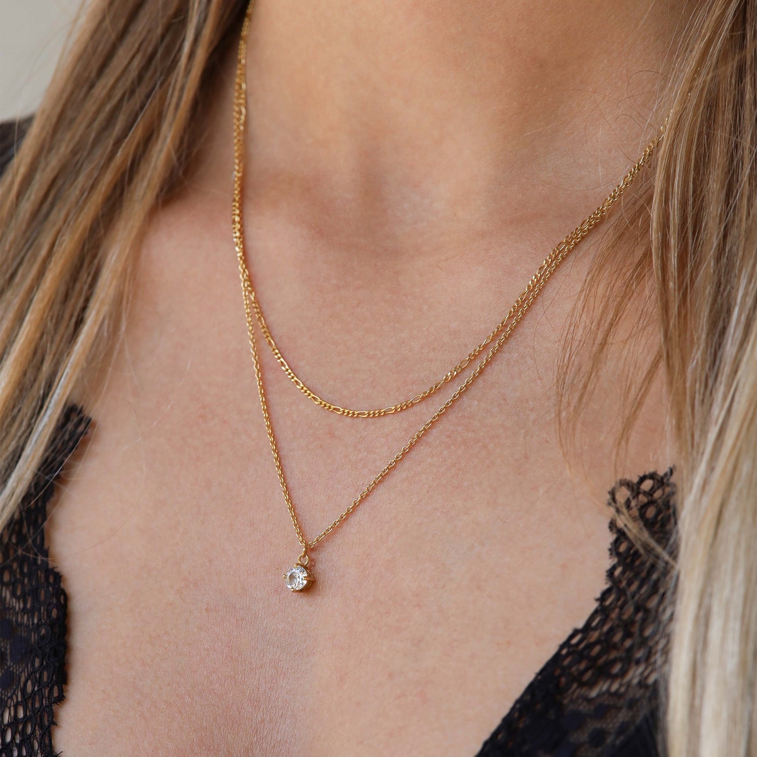 Karma 925 Sterling Silver Figaro Single Zirconia Double Necklace T279GP