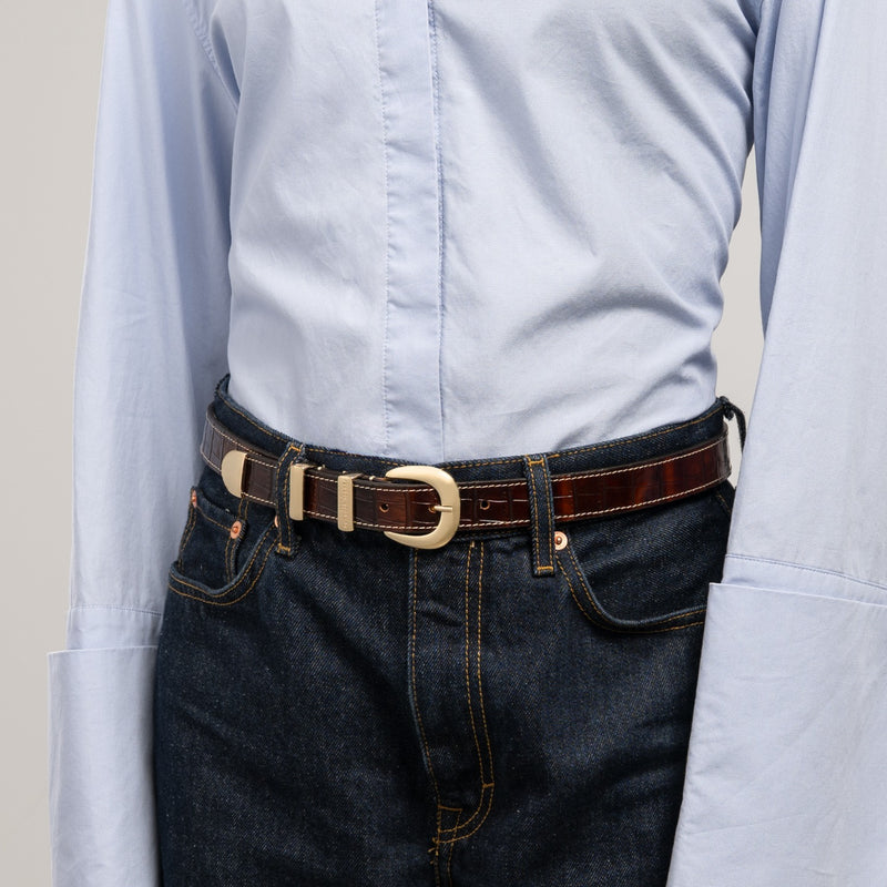 Isabel Bernard Rêveur Mathilde Croco Bruine kalfsleren riem met goud-kleurige gesp IB60020-230-90-zoom-