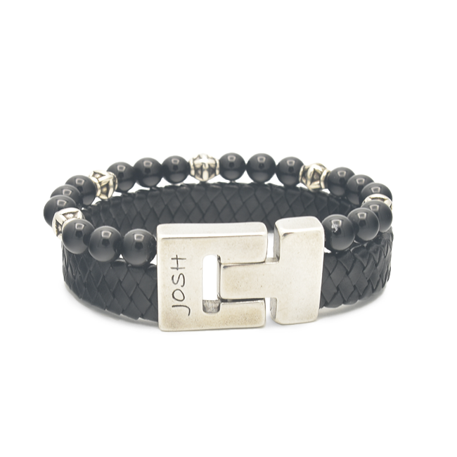 Josh Black Natural Stone Bracelet 25035SL/BLCK/MED-zoom-