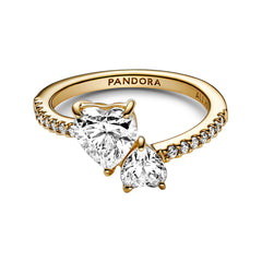 Pandora Timeless Double Heart Sparkling Ring 161198C01-58 with 14K Gold Plating
