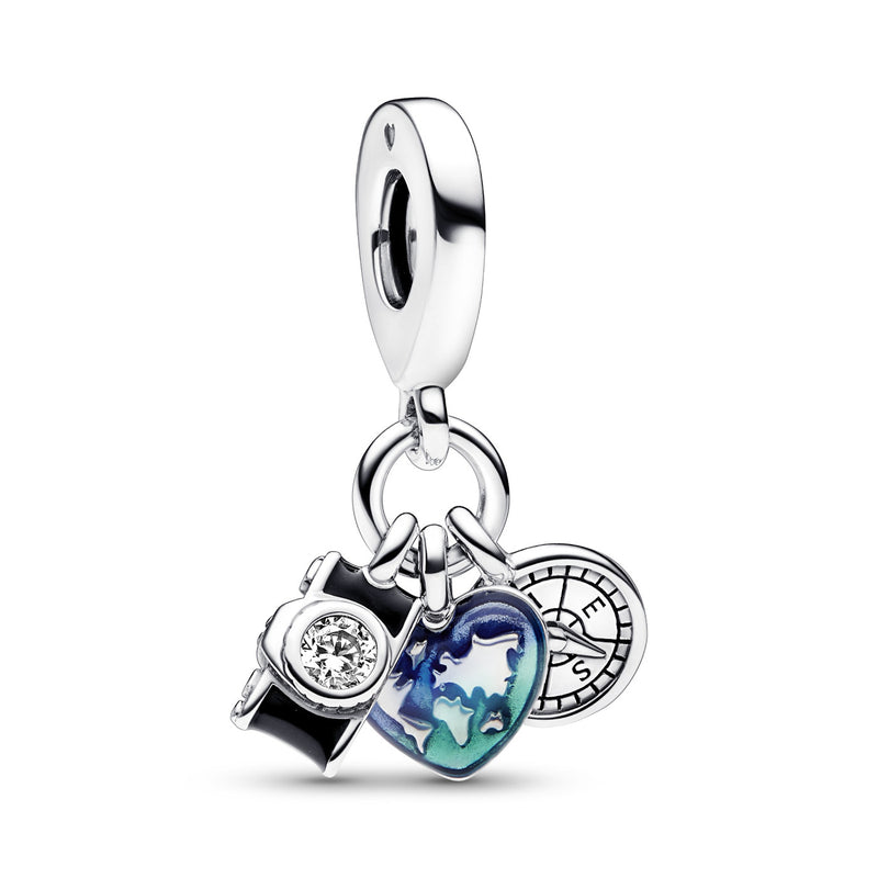 Pandora Moments 925 Sterling Silver Camera, Heart And Compass Charm 792703C01-zoom-