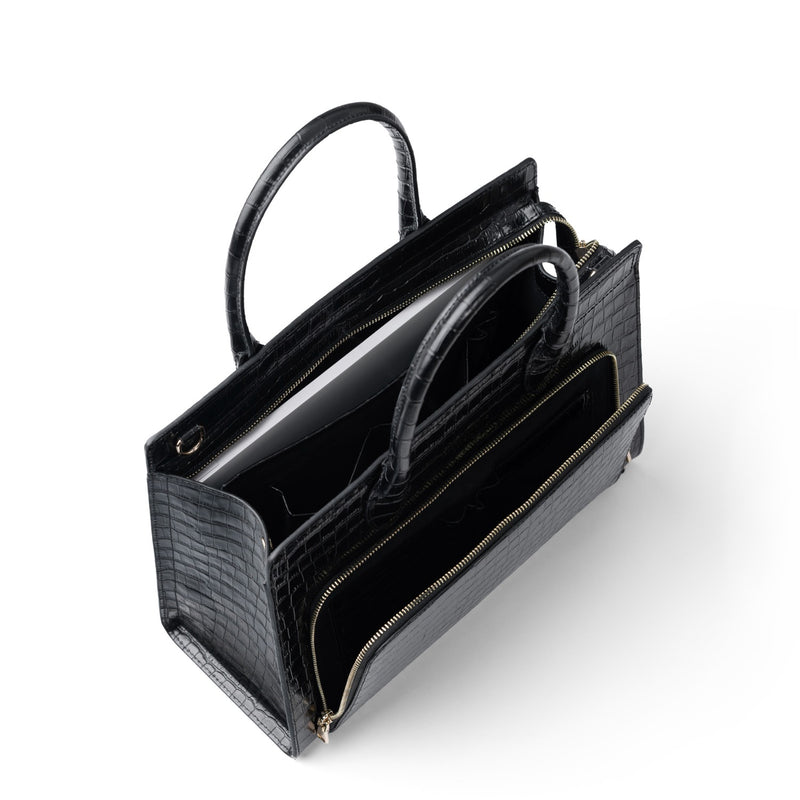 Isabel Bernard Honoré Nadine croco zwarte kalfsleren handtas met 13 inch laptopvak IB25110-201-13-zoom-