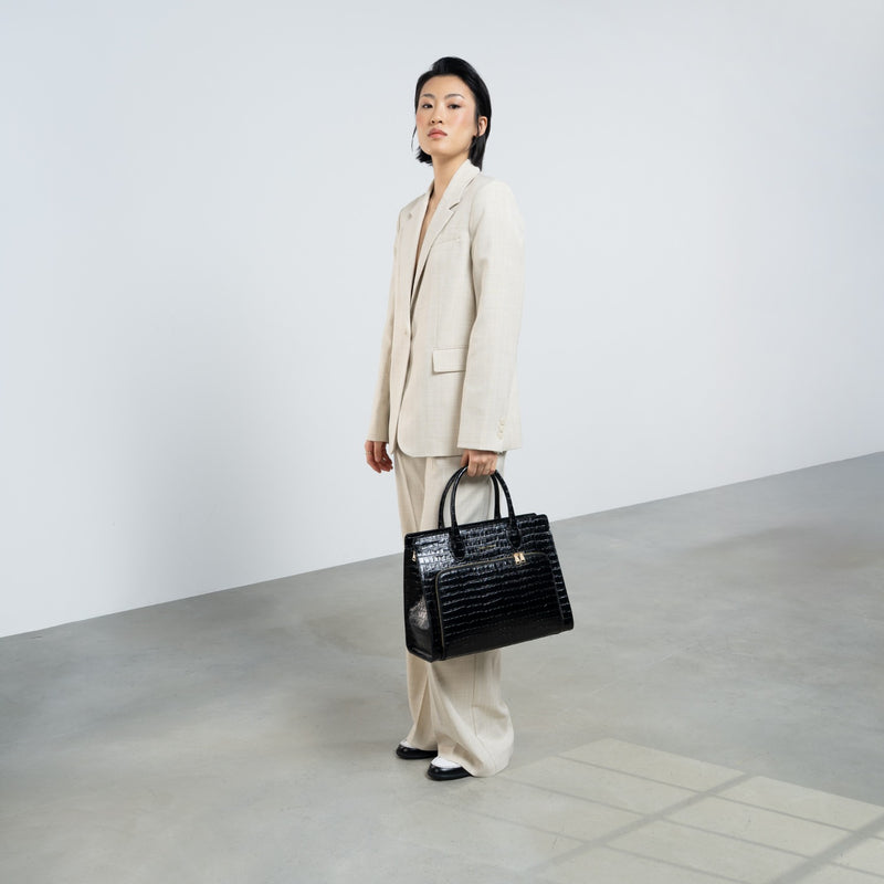 Isabel Bernard Honoré Nadine croco zwarte kalfsleren handtas met 13 inch laptopvak IB25110-201-13-zoom-